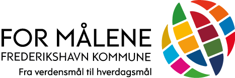 Frederikhavn Kommunes logo for verdensmålene med teksten: Frederikshavn for målene. Hertil en globuslignende figur i mange farver